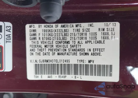 2014 Honda Cr-V Lx from USA, damaged, VIN 5J6RM3H37EL012495